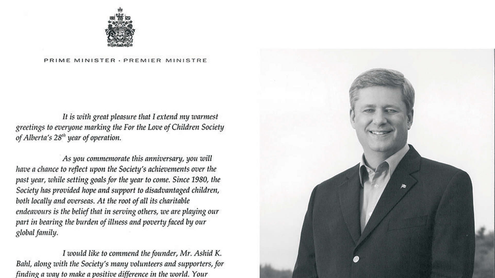 Letter From The Prime Minster Stephen Harper