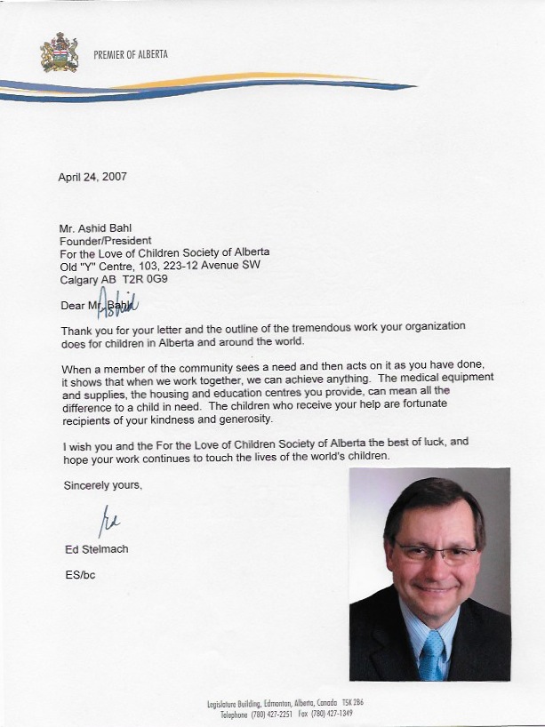 Letters From Politicians – For the Love of Children Society of Alberta